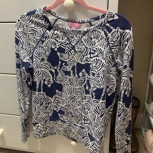 Lilly Pulitzer Kingsley Pullover Size S Blue White I Herd You Zebra
